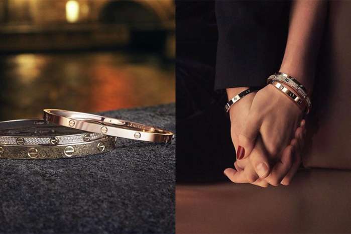 cartierlove系列宽版4钻玫瑰金手镯,cartierlove手镯戴法