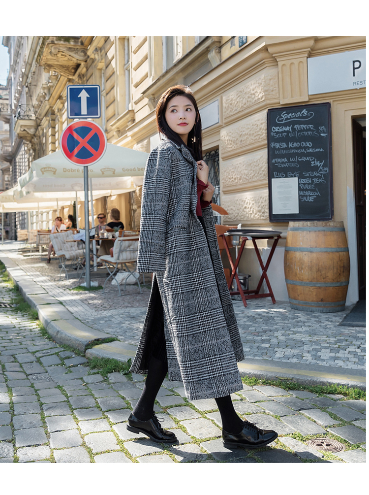 长款毛呢女外套，千鸟格加厚呢子大衣