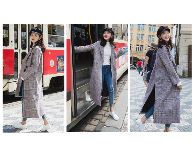 长款毛呢女外套，千鸟格加厚呢子大衣