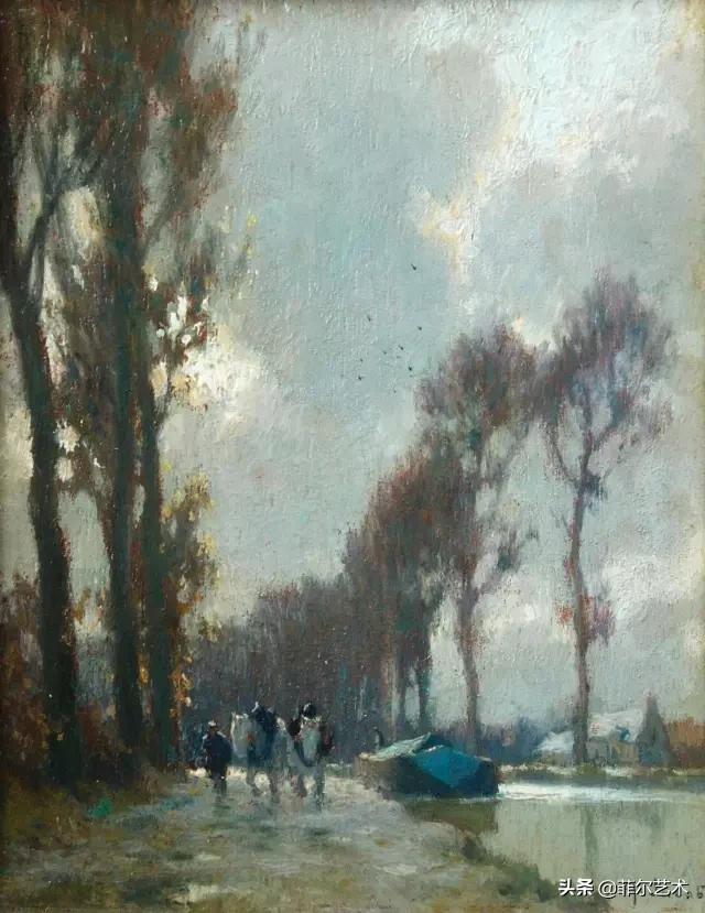 极简油画金色麦田和山,以红蓝为基调的风景油画