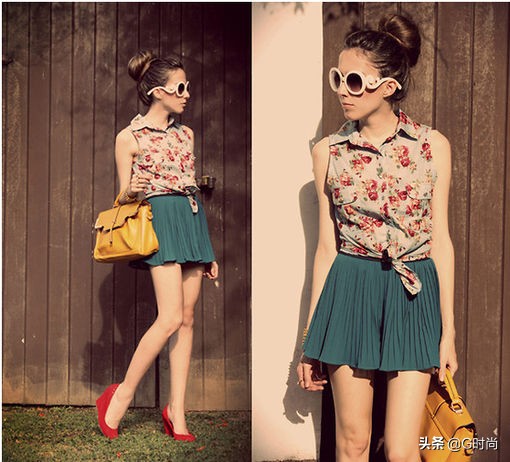 春季百褶短裙搭配不露腿,比较经典的百褶短裙搭配