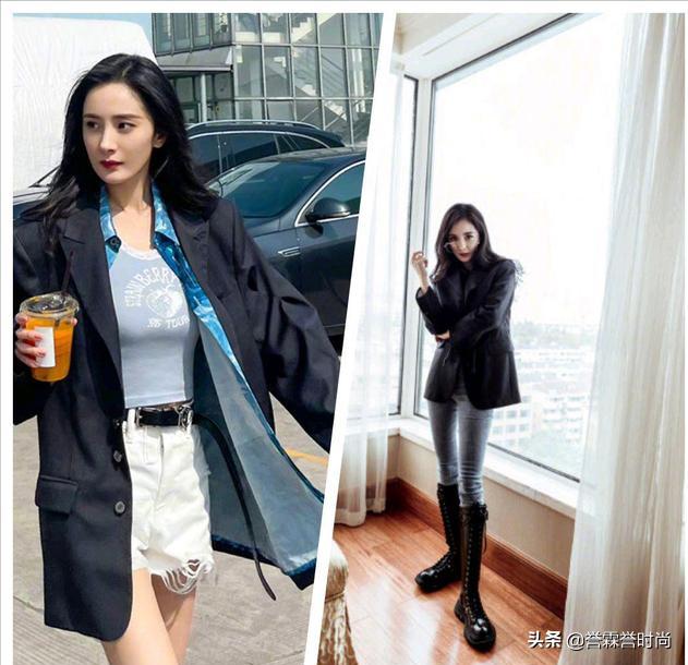 杨幂穿彩虹裙简直美翻了,杨幂斜肩露腰开叉裙