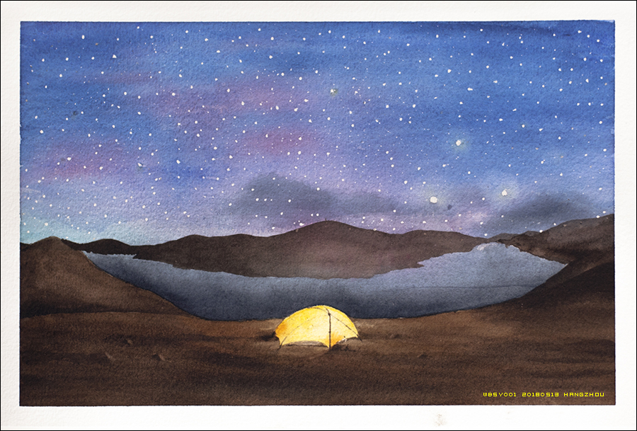 水彩笔画星空风景,水彩风景星空