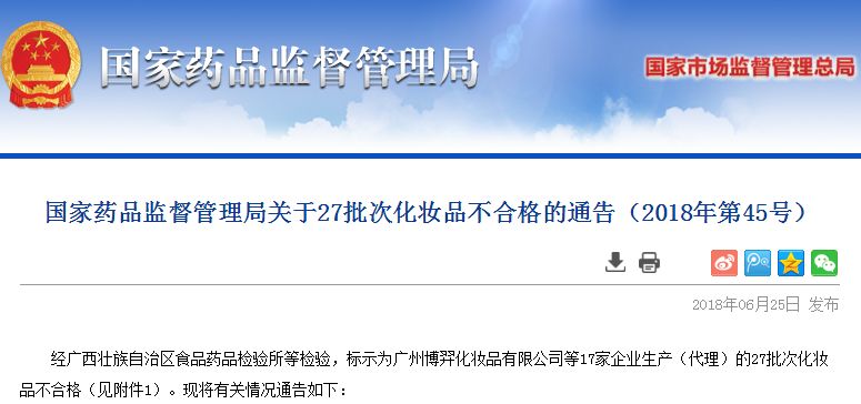 国家药监局公布化妆品不合格,国家药监局72批次化妆品不合格