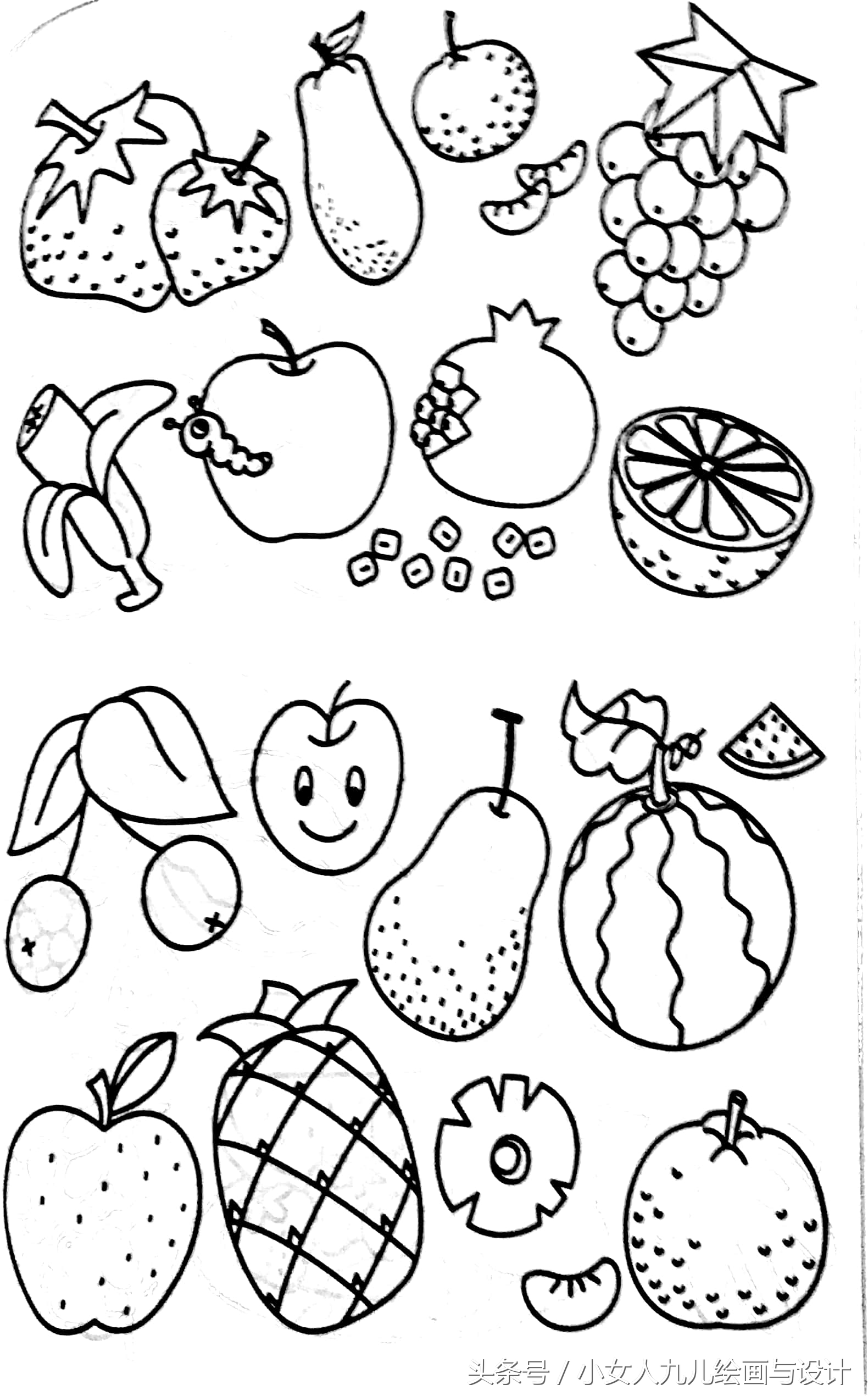 水果蔬菜简笔画线描组合,五六月应季水果和蔬菜简笔画