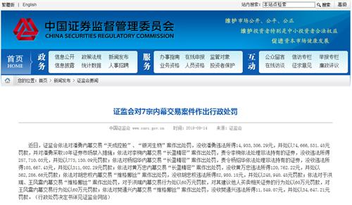 证监会处罚7宗内幕交易案件,证监会处罚7宗内幕交易案例