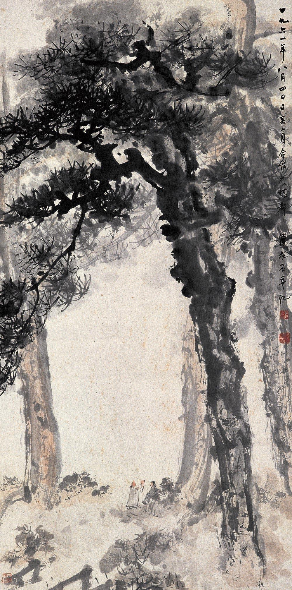 傅抱石创作国画天女散花图,傅抱石的国画作品《一望大江开》