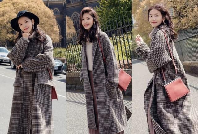格子大衣搭配女秋冬气质时尚穿搭,膝盖以上的格子大衣搭配裙子