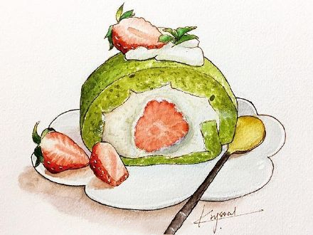 水彩森系小清新插画甜品,手绘治愈系甜品插画