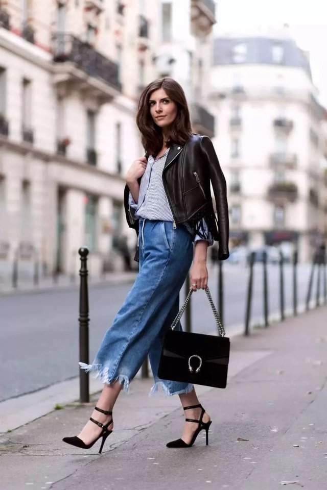 阔腿裤搭皮衣冬季搭配,秋冬阔腿裤黑皮衣搭配