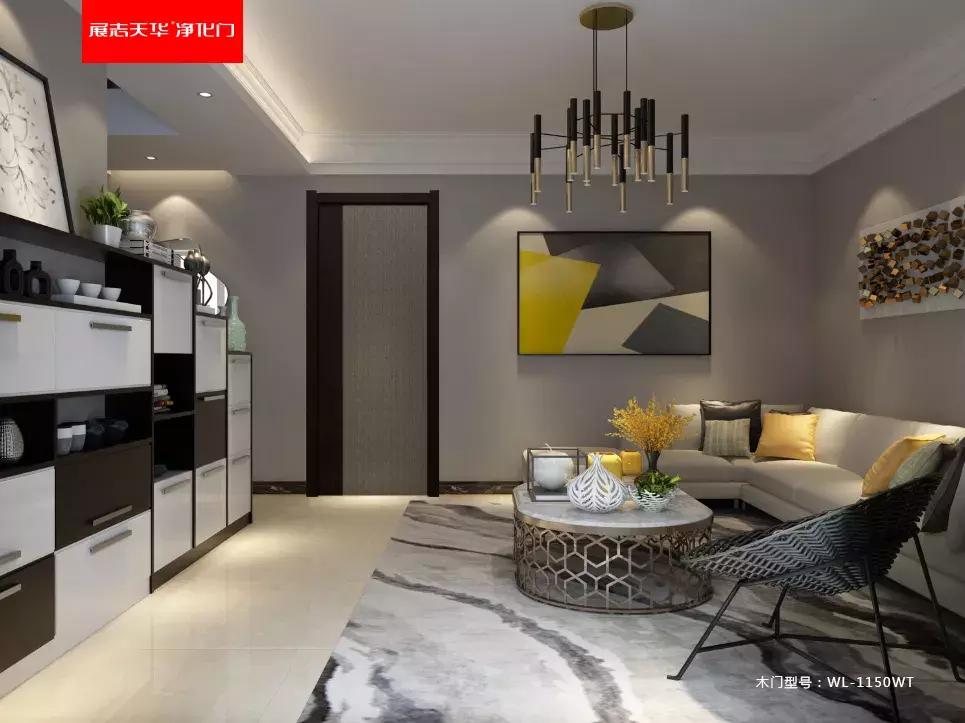 春天木门背景墙效果图,外平内开布纹铝木门效果图