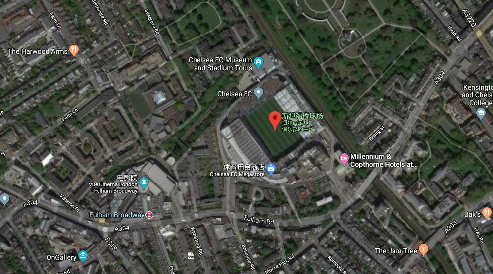 伦敦的著名足球场,用谷歌地图看地方