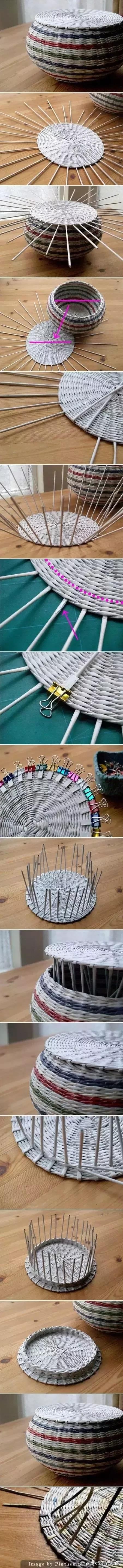 旧报纸变废为宝手工编织收纳筐,旧报纸制作简易的收纳筐