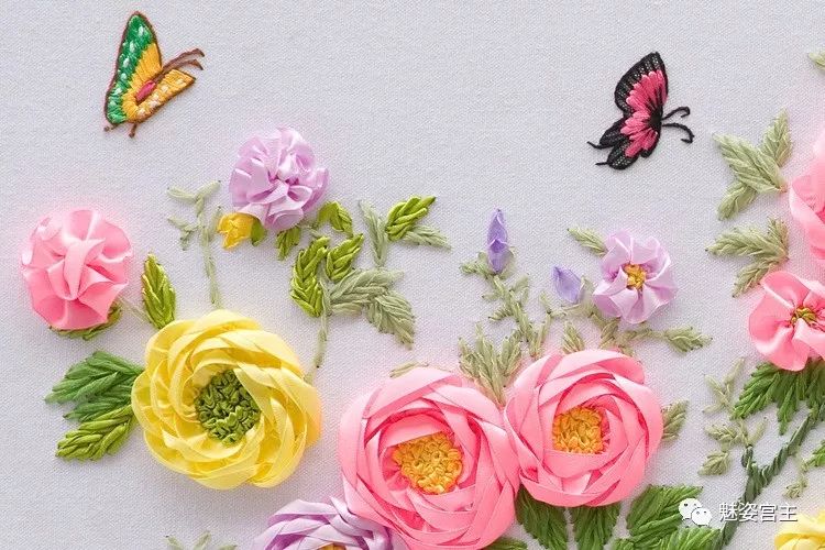 丝带绣盘结玫瑰花绣法图解,丝带绣图案教程牡丹