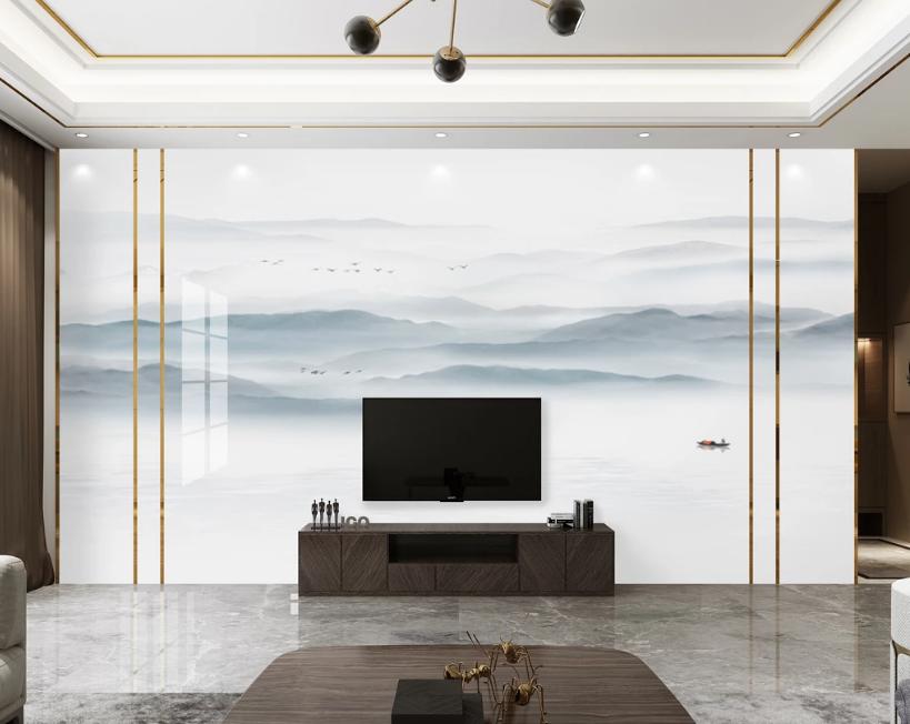 新中式石材背景墙效果图,新中式灰色瓷砖乳胶漆电视背景墙