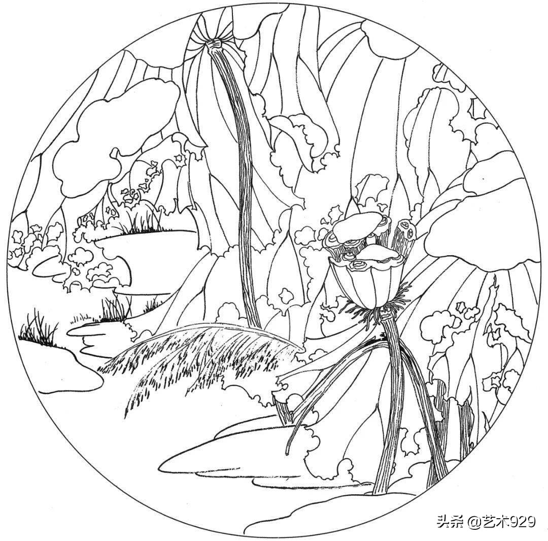 余稚荷花蜻蜓图高清白描底稿,白描荷花勾线方法讲解视频