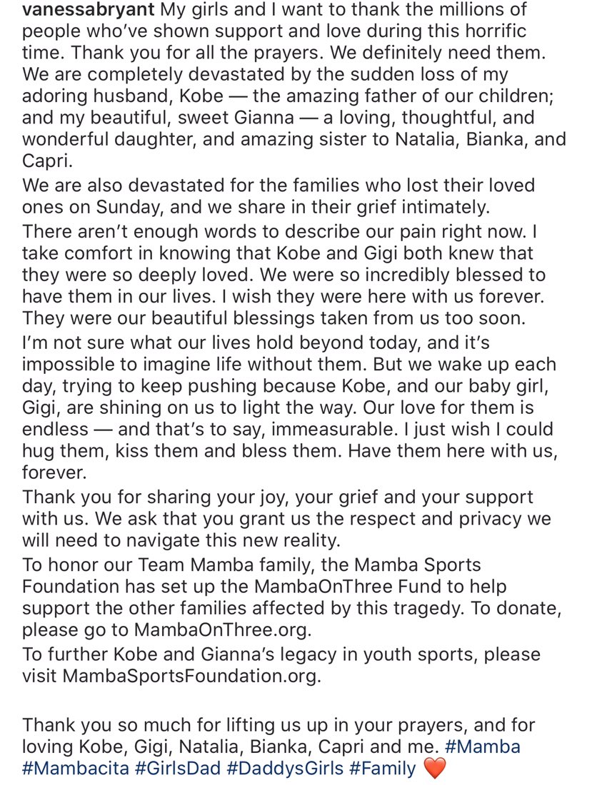 晒家庭合影！瓦妮莎在丈夫去世后首发声，宣布一决定让科比很欣慰