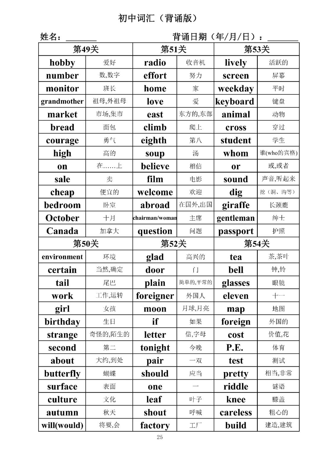 初中英语单词默写打印版免费,八年级上册英语单词默写表打印