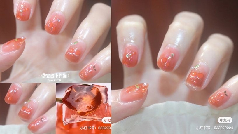 2023橘色果冻色美甲图片,冰透红显白美甲款式图片