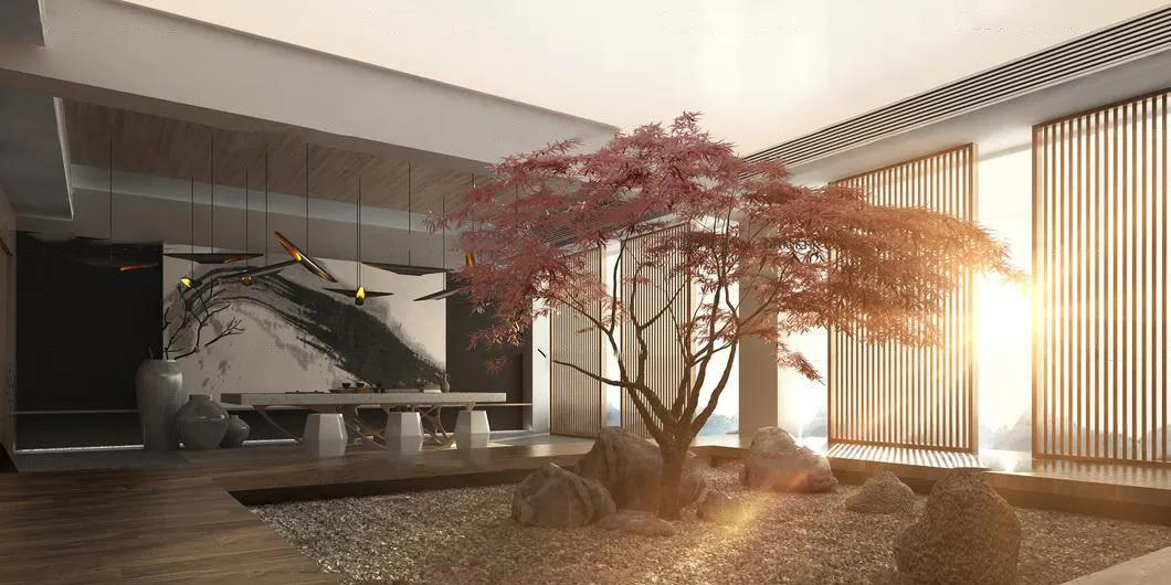 日式庭院景观设计3d图,日系庭院设计建模