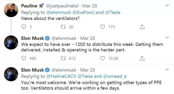 马斯克称特斯拉或生产呼吸机新闻,马斯克已向加州交付1000台呼吸机