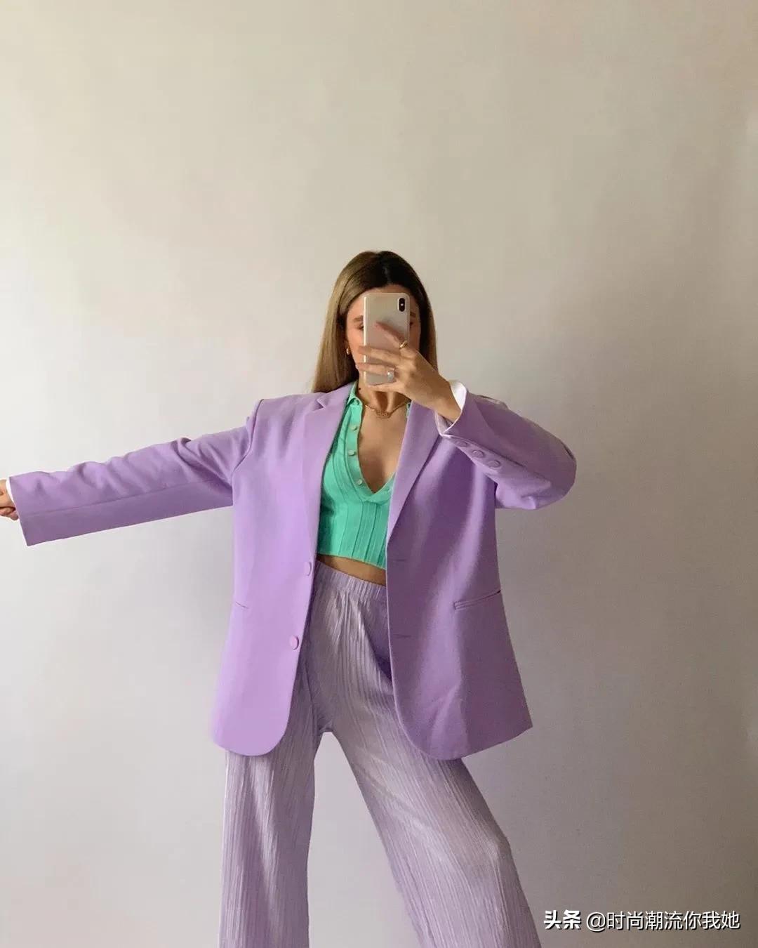 夏天穿马卡龙色系的长裤,马卡龙紫色裤子搭配