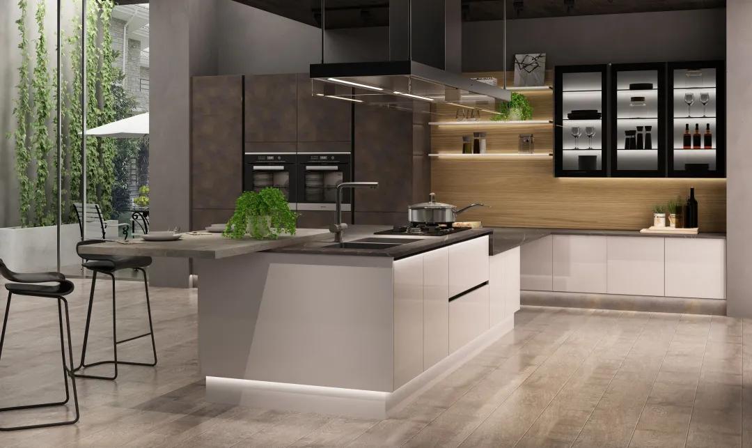 厨房设计吧台最新款,厨房直角吧台和推拉门一体效果图