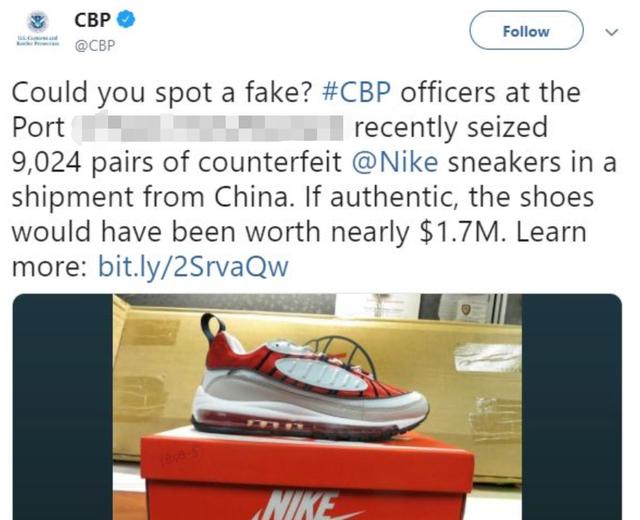 华盛顿杜勒斯国际机场截获了一批价值330万美元的莆田假鞋包裹