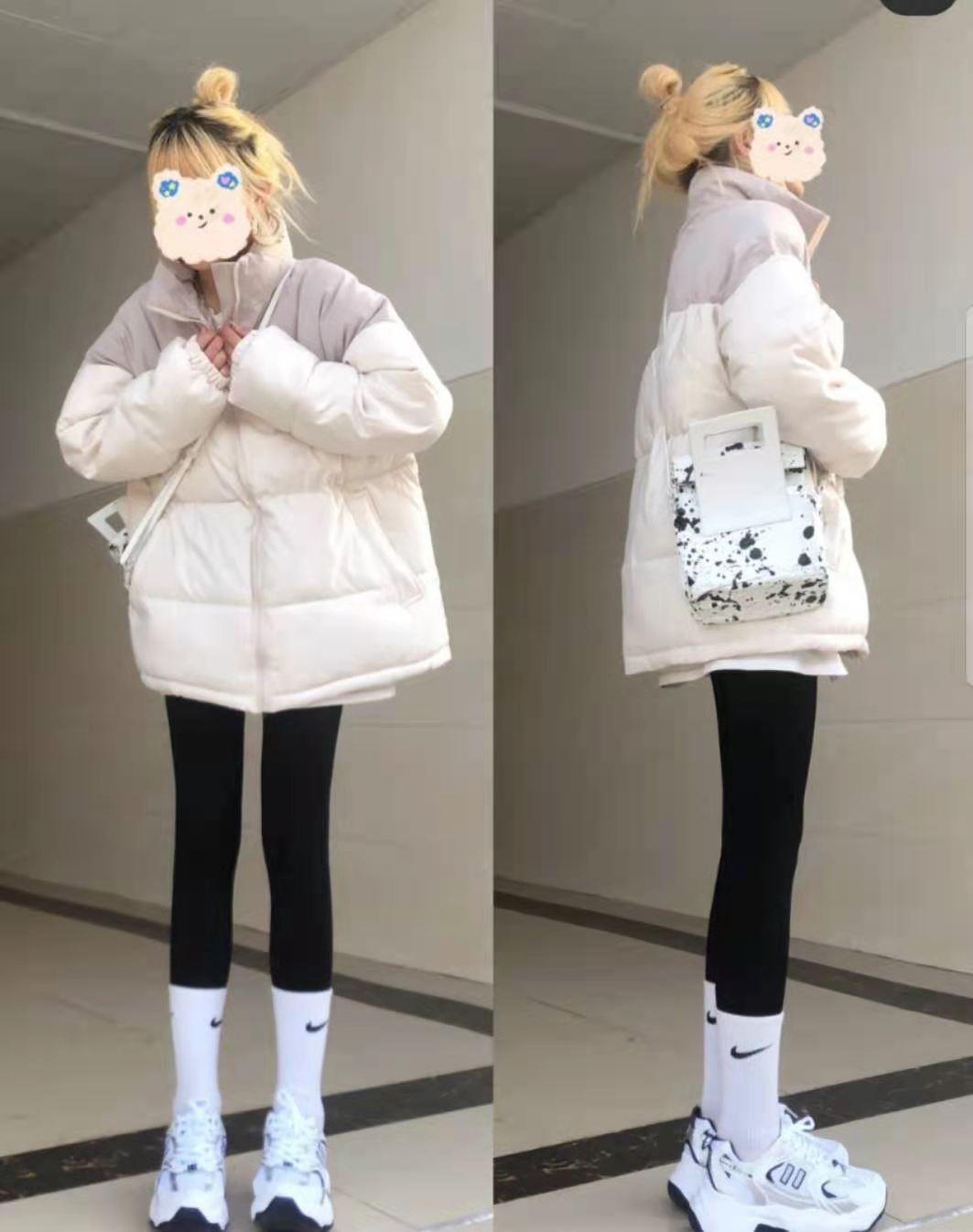 长款羽绒服搭配鲨鱼裤好看吗,香槟色羽绒服搭配灰色鲨鱼裤