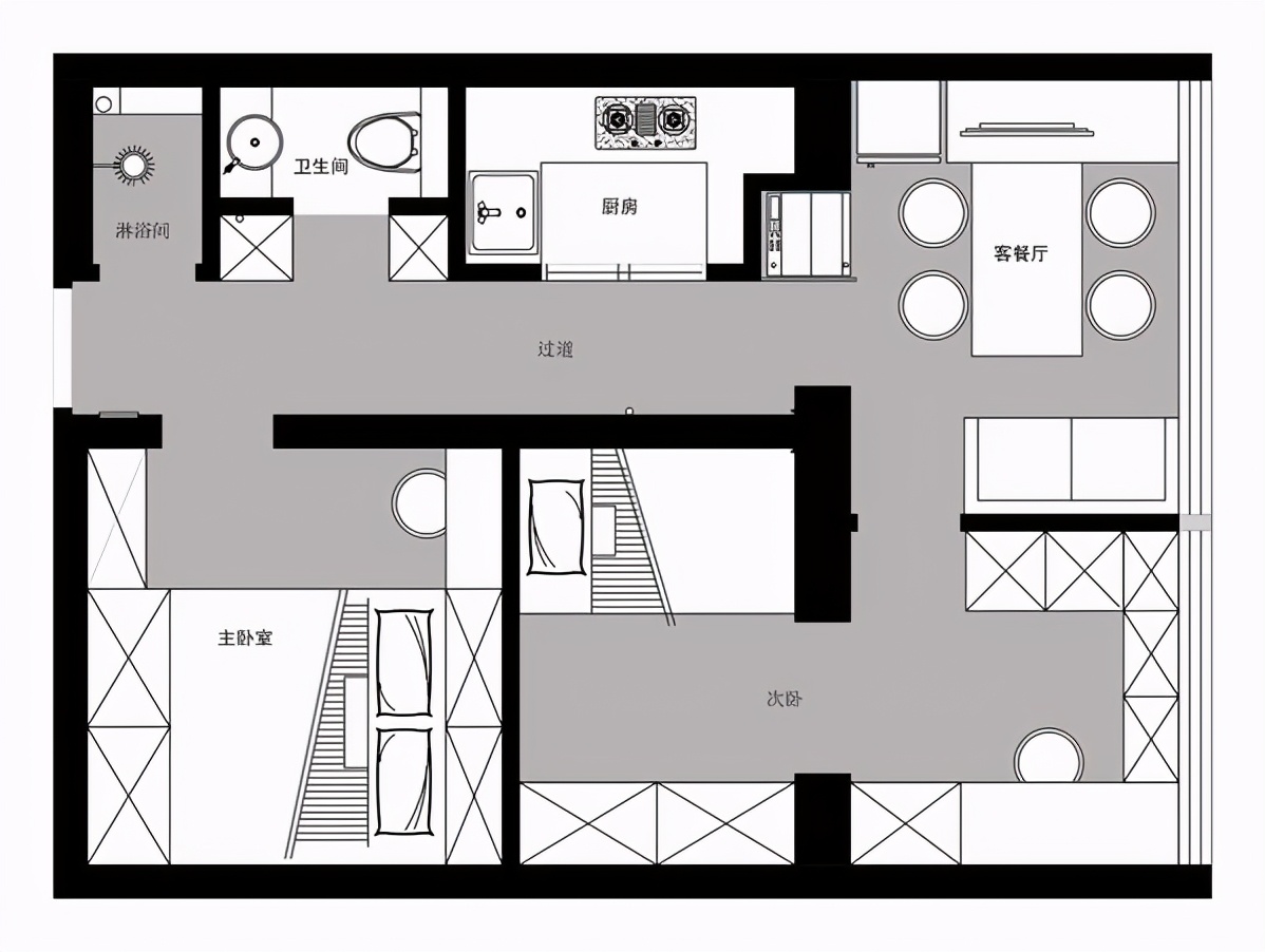 套内40平米二房一厅设计图,一体式干湿分离卫浴房