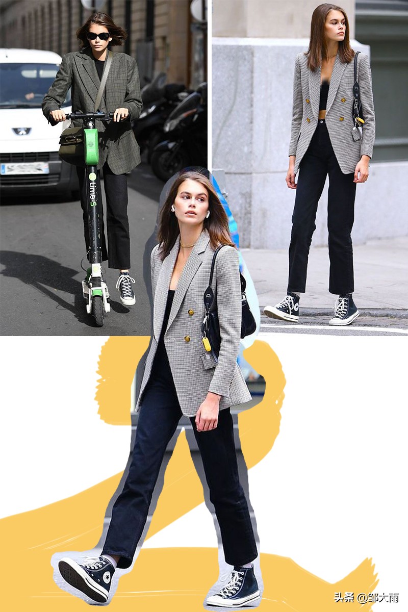 kaia匡威鞋街拍,黑色匡威黑色裤子穿搭