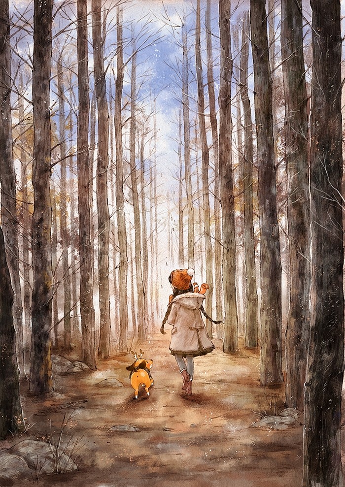 韩国插画师森林女孩日记图文,水彩插画森林女孩日记