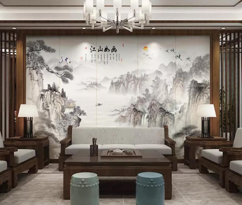 新中式石材背景墙效果图,新中式灰色瓷砖乳胶漆电视背景墙