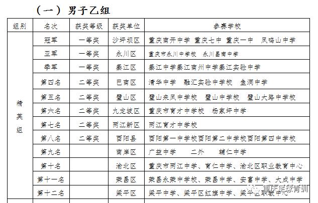2017年重庆校园足球总决赛,重庆市校园足球总决赛乙组