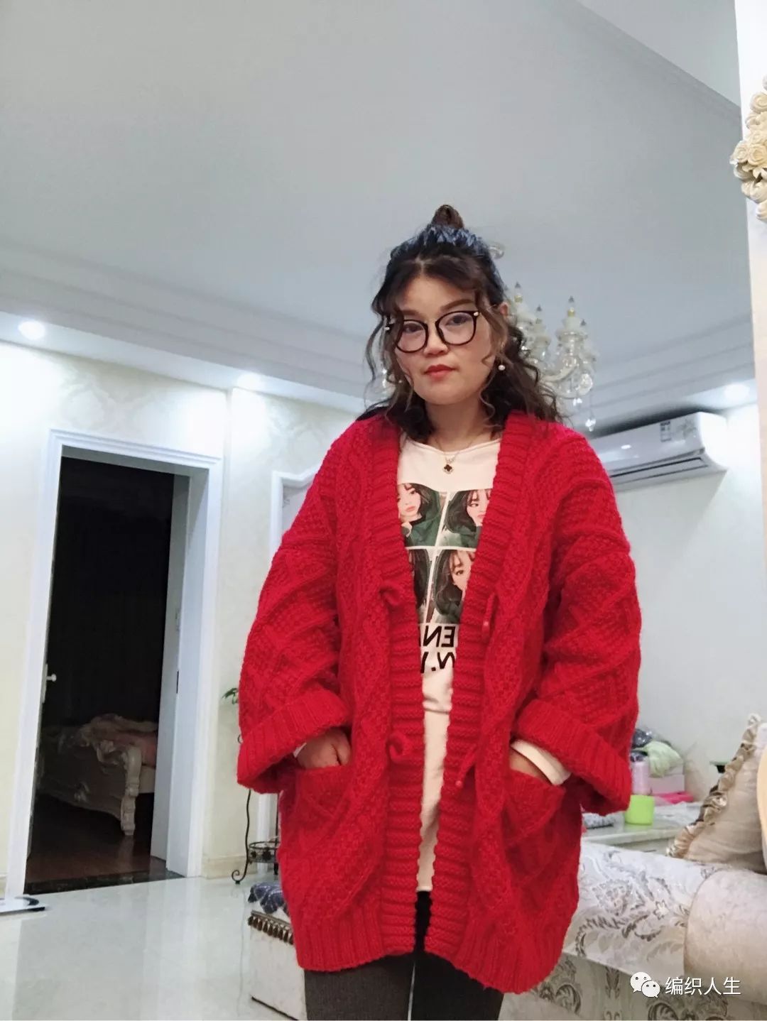 棒针手工粗线正肩毛衣女款,棒针编织v字领蝙蝠毛衣穿上显胖