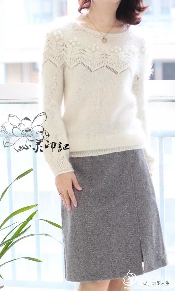 棒针粗线毛衣新款短款一字肩,仿珍珠手工毛衣链
