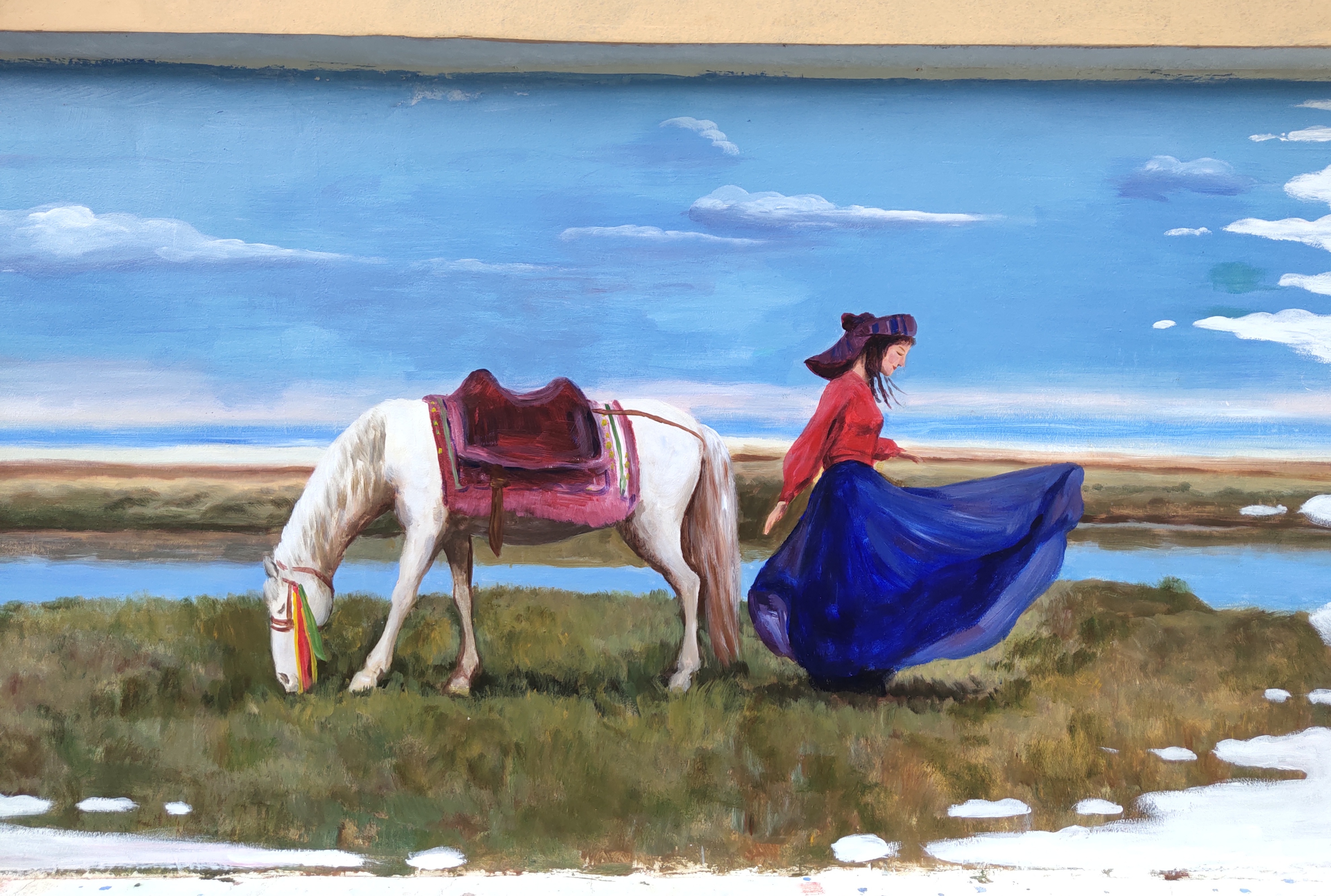 扇形传统文化手绘墙,打卡巨幅手绘文化墙