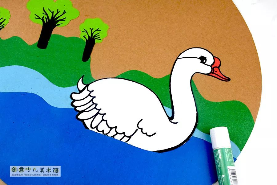 儿童水粉画池塘里的大白鹅,池塘大白鹅儿童画