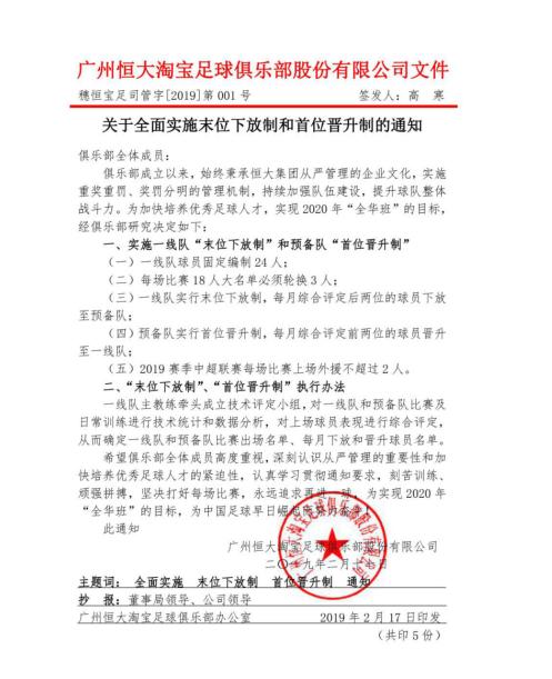 “升降”靠竞争恒大又一大动作为年轻球员“上位”铺路