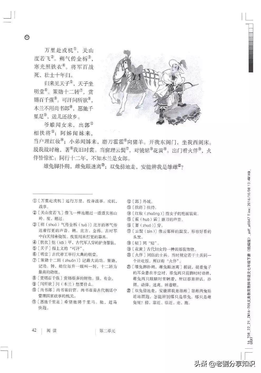部编版语文七年级下册木兰诗注释,7下语文必背课文木兰诗讲解
