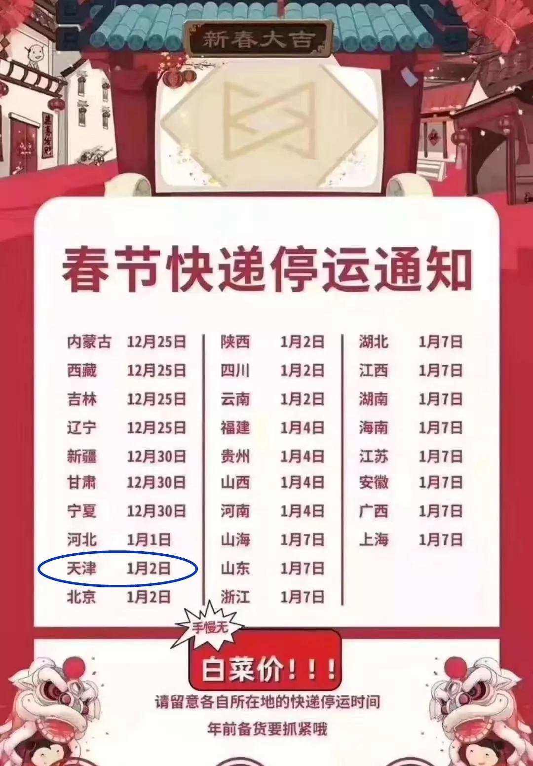 现在天津啥快递停了,天津春节快递通知