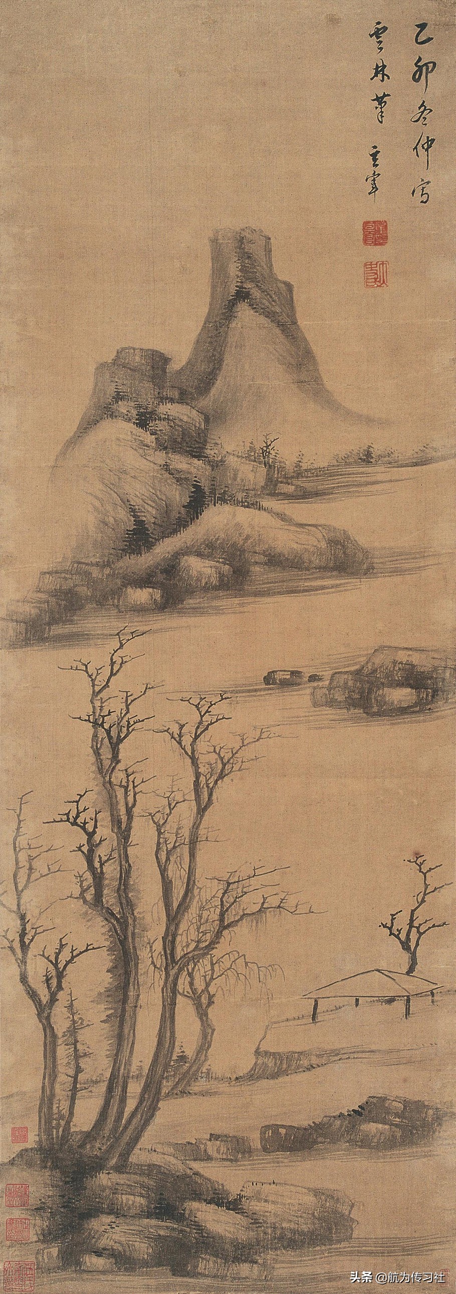 倪瓒山水教程,倪瓒山石树木画法