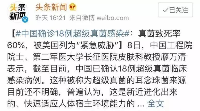 冀连梅|解读“致死率60%的超级真菌”是怎么一回事儿