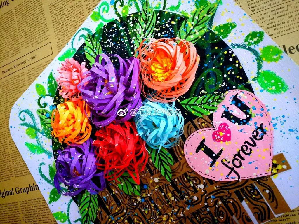 儿童绘画花束创意画,感恩节手工作品花束模版片头片尾