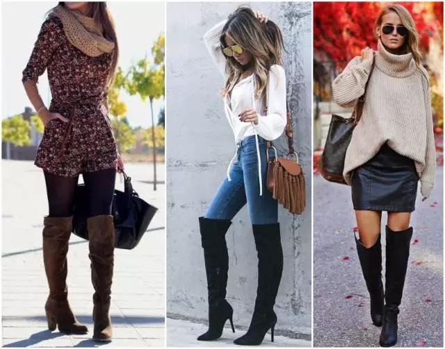 烟灰色牛仔裤怎么搭过膝靴,小香风皮毛外套搭配牛仔裤过膝靴