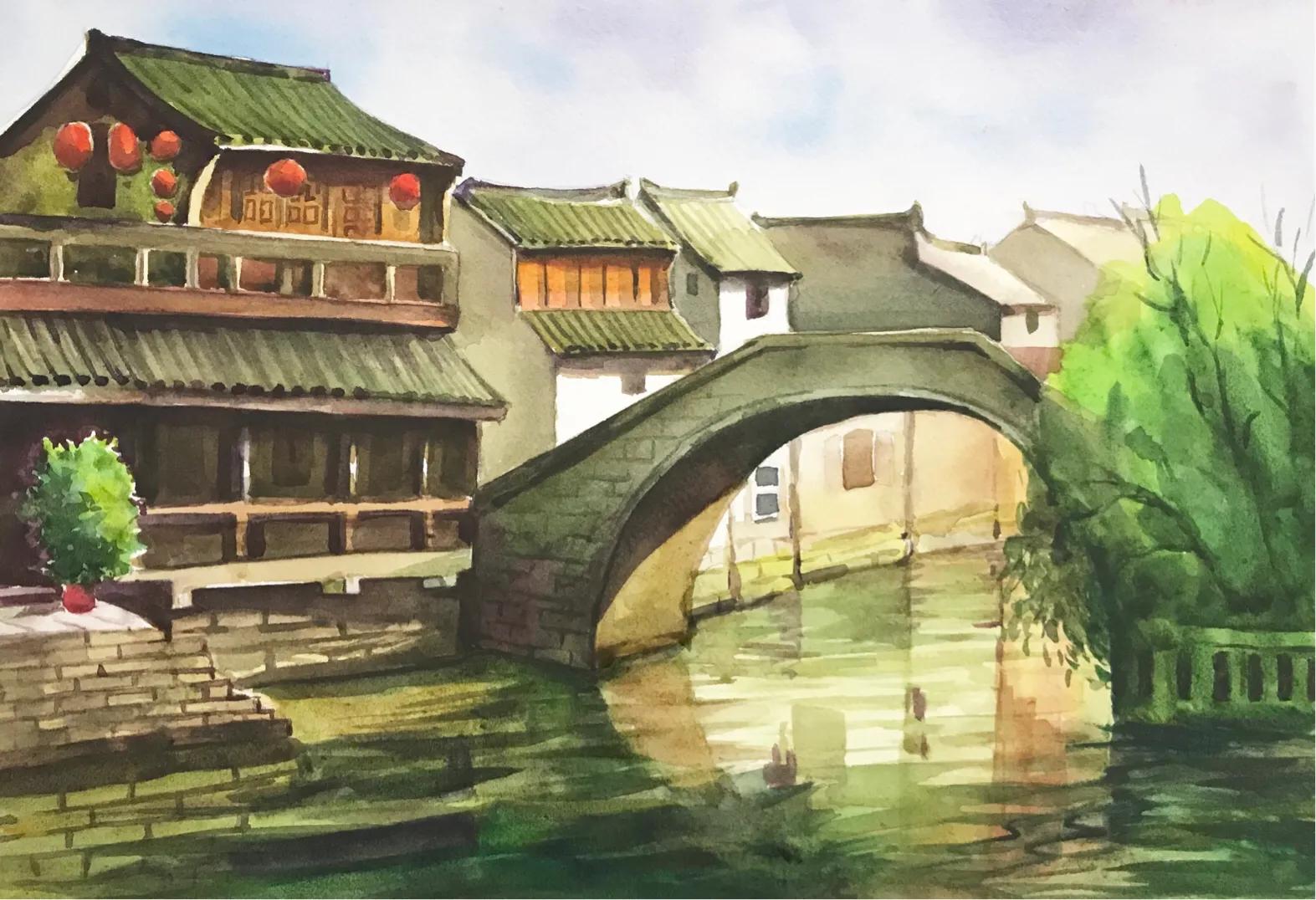 忆江南诗配画水彩,江南水彩风景画