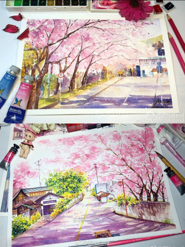 樱花画法水彩教程视频,樱花水彩视频