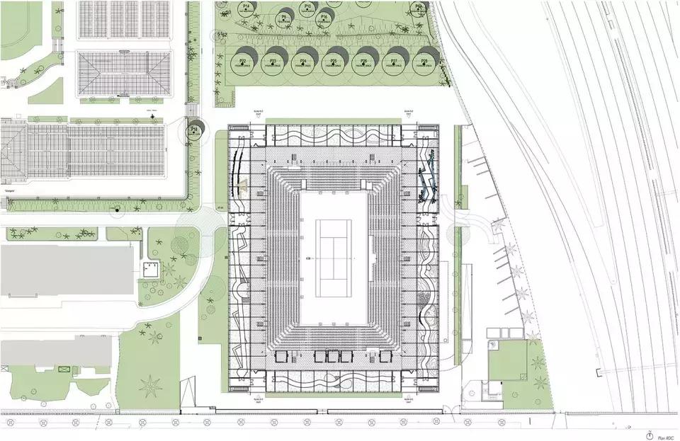 玻璃温室环绕着的红土网球场-Simonne-Mathieu网球场，巴黎