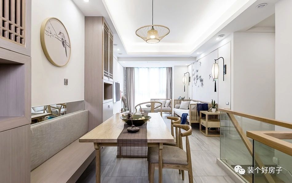 禅意新中式极简茶室风格,原木色书房客厅茶室一体化效果图