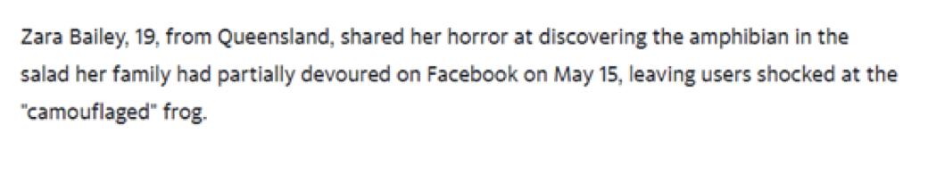澳女买Coles沙拉吃出青蛙，和菜叶颜色一模一样！发已经吃了半袋